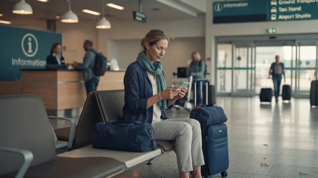 Solo female traveler checking her transfer booking beside a staffed airport information desk.