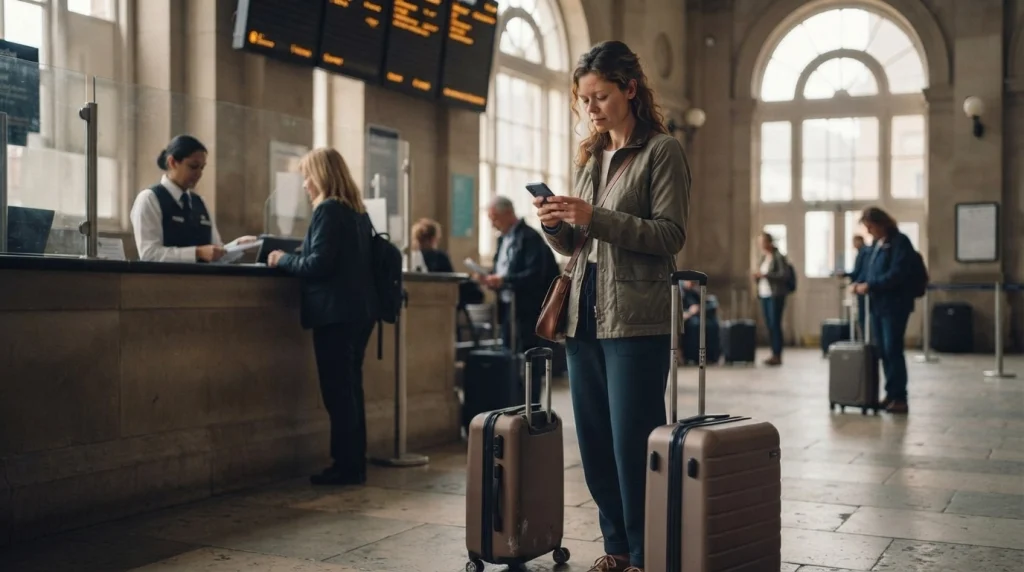 Solo female traveler checking her booking beside a staffed railway station information counter.