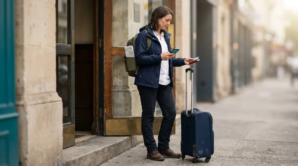 Solo female traveler checking her phone, transit card, and luggage before leaving for the subway.