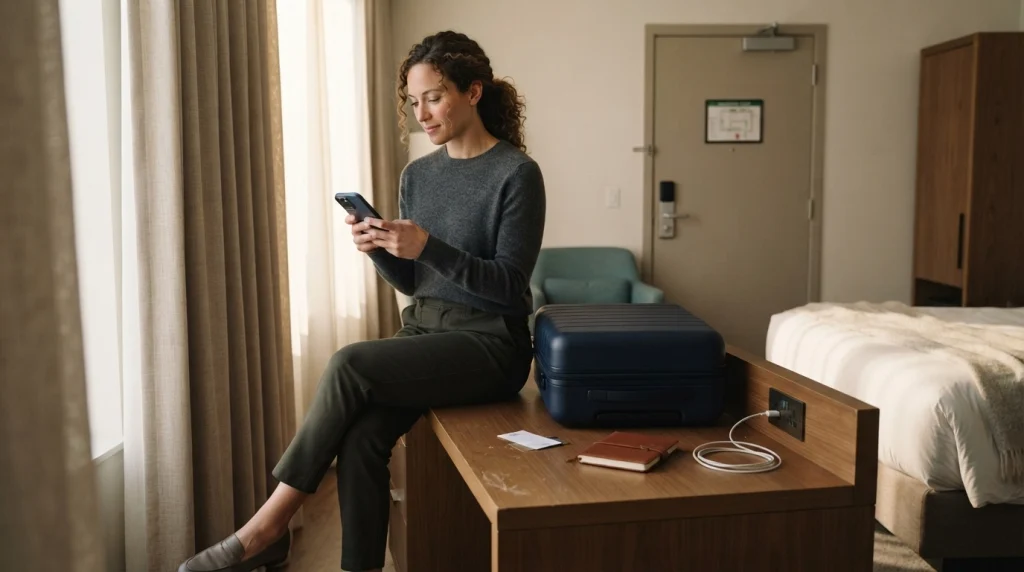 Solo female traveler reviewing her hotel room safety checklist on a smartphone beside her suitcase.