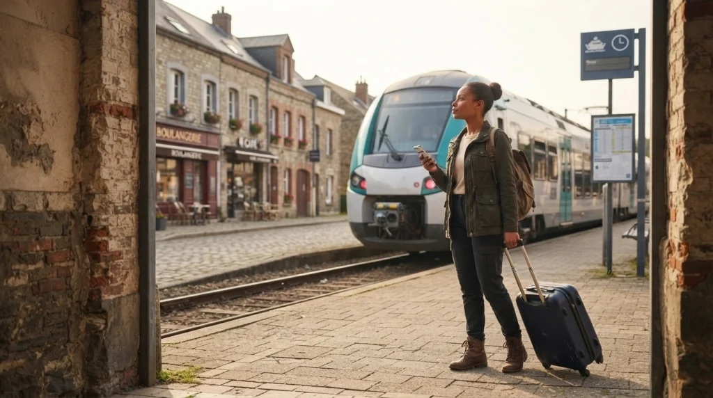 Solo female traveler with a compact suitcase arriving by train in a walkable small town.