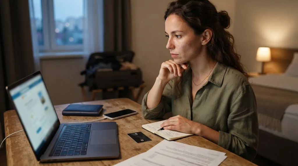 Woman pausing before payment after spotting red flags in a solo group tour booking.
