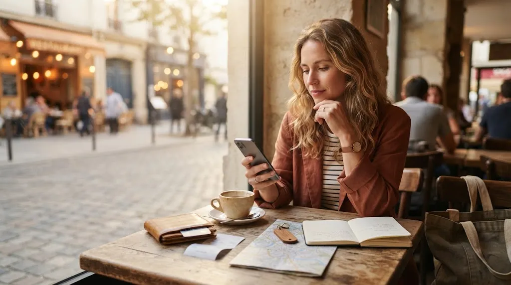 Solo female traveler reviewing restaurant cancellation options and backup dining plans on her phone