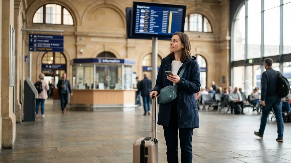 Solo female traveler pausing with her suitcase to check departure information in a busy railway terminal.