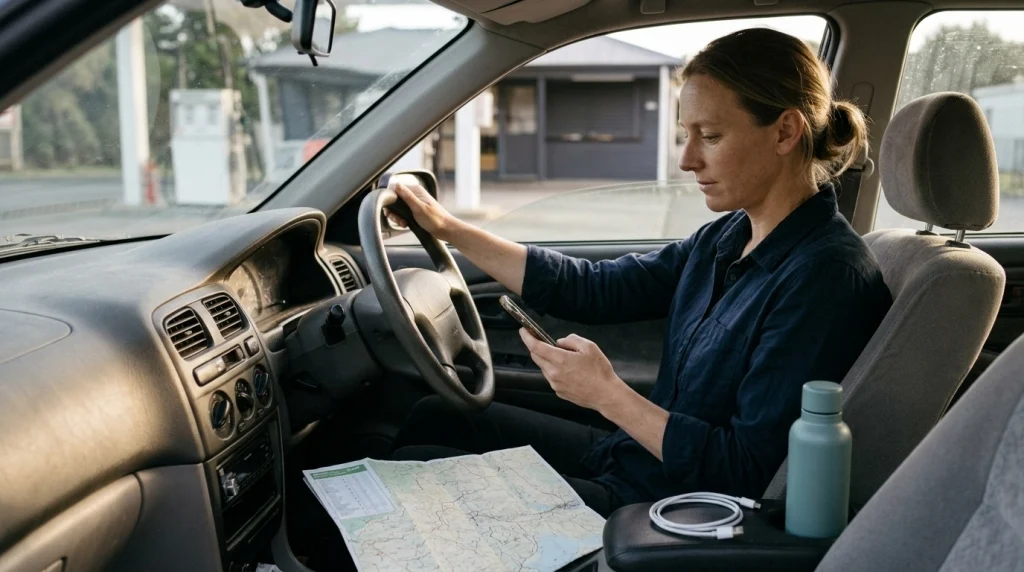 Solo female traveler checking an alternative fuel station on her phone beside a closed gas station.
