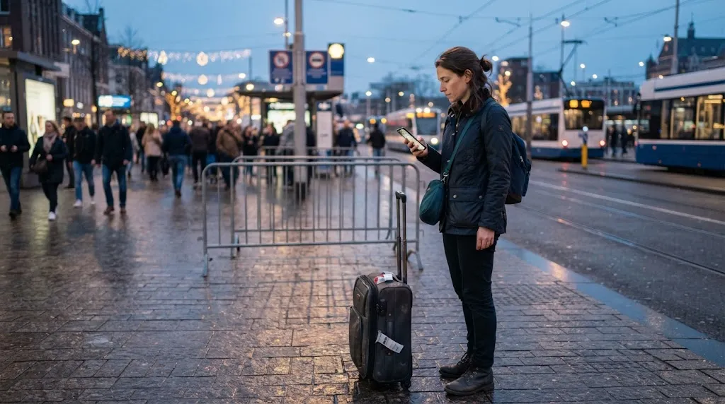 Solo female traveler checking an offline route during a busy evening holiday celebration