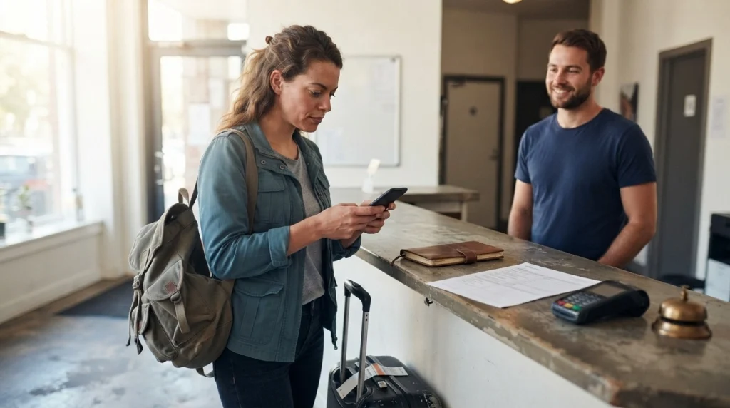 Solo woman traveler reviewing hostel booking details at a reception counter before confirming payment.