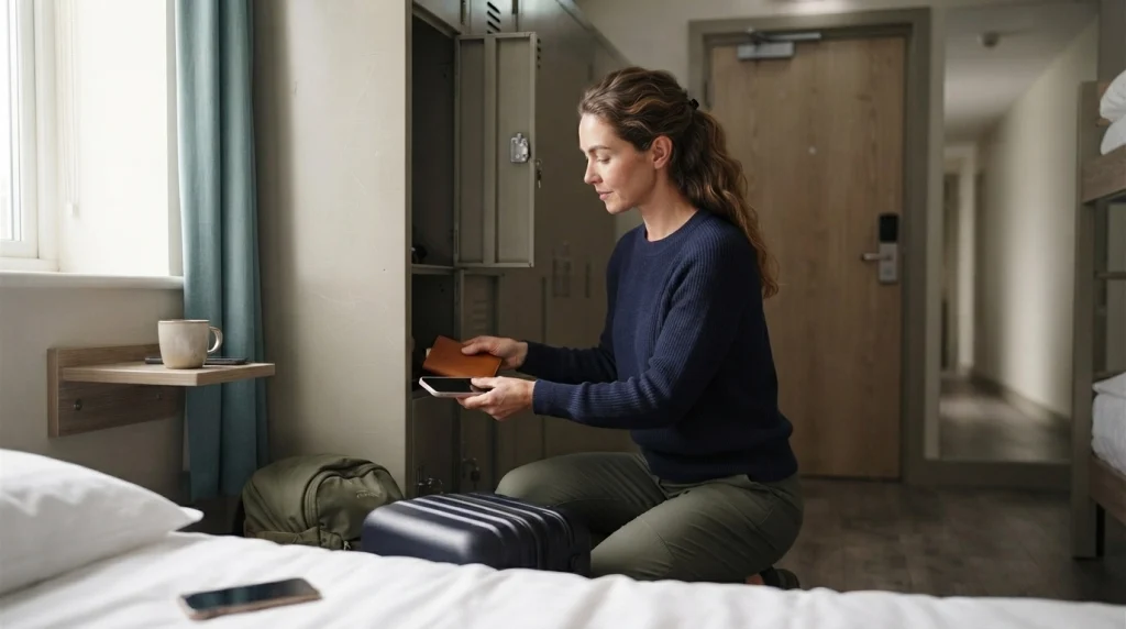 Solo female traveler securing her belongings in a hostel locker after check-in.