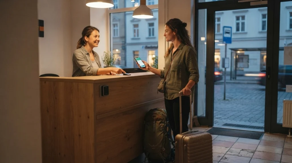 Solo female traveler checking into a hostel with a receptionist at the entrance.