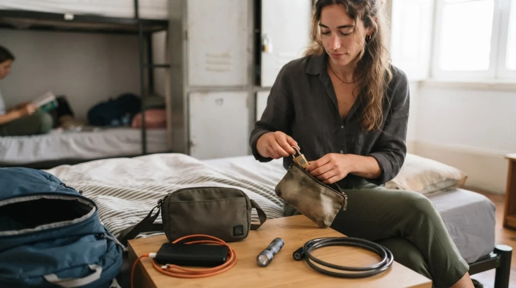 Solo female traveler preparing a padlock, crossbody bag, power bank, document pouch, flashlight, and luggage cable.