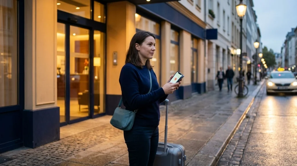 Woman traveling alone checks her phone outside her hotel after arriving by taxi.