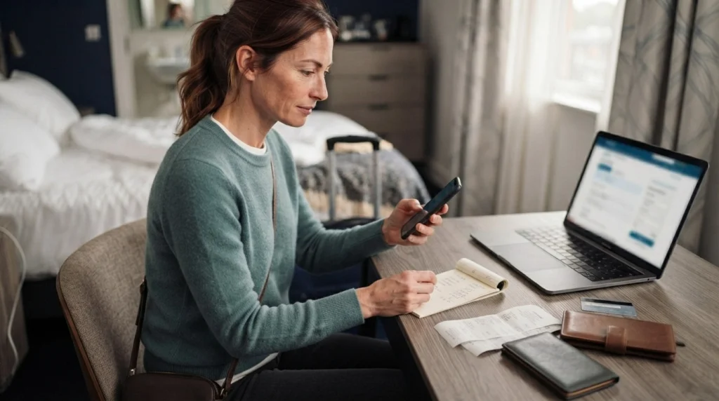 Solo female traveler organizing hotel receipts and booking records after changing accommodation.