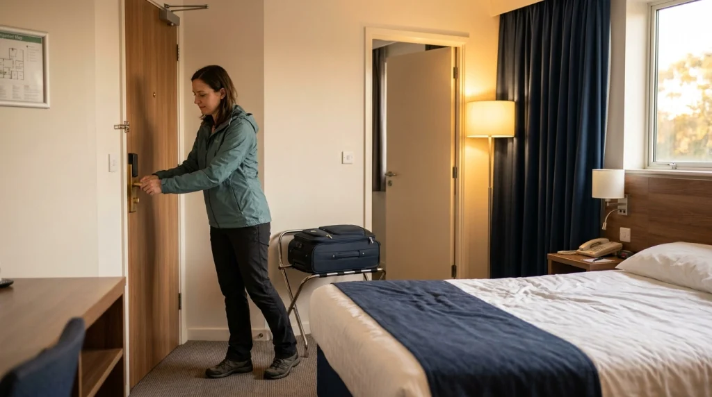 Solo woman checks hotel door locks before unpacking during a hotel safety inspection