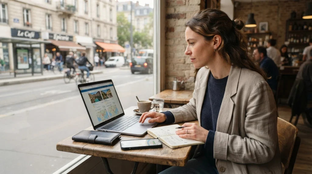 Woman reviewing hotel locations and prices while planning a solo trip.