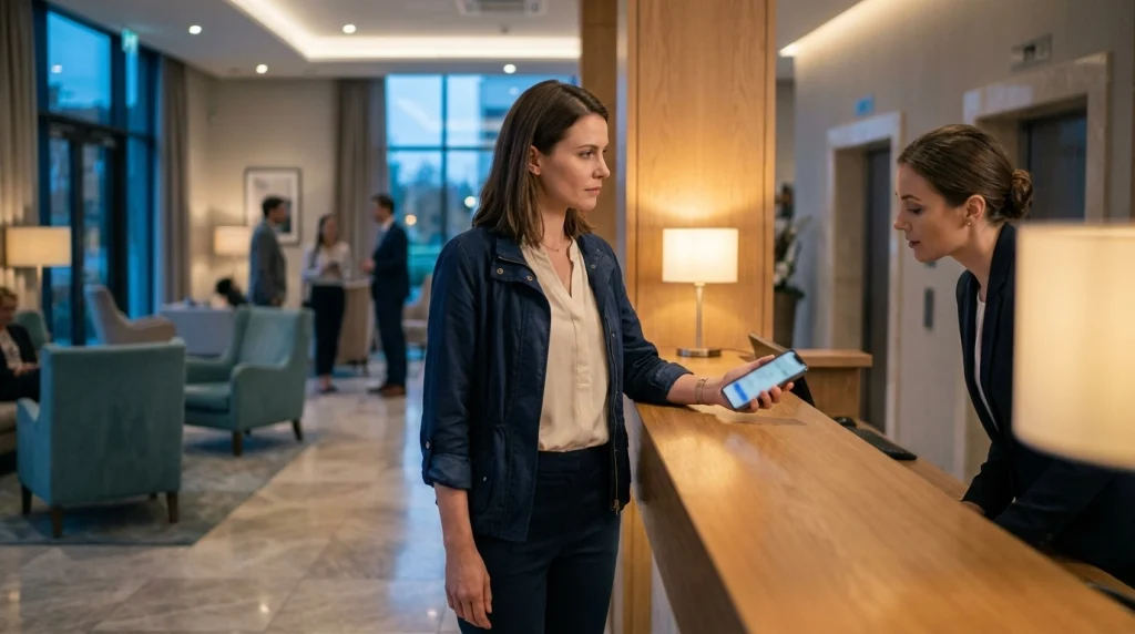 Solo female traveler seeking hotel reception assistance after her accommodation location becomes exposed.
