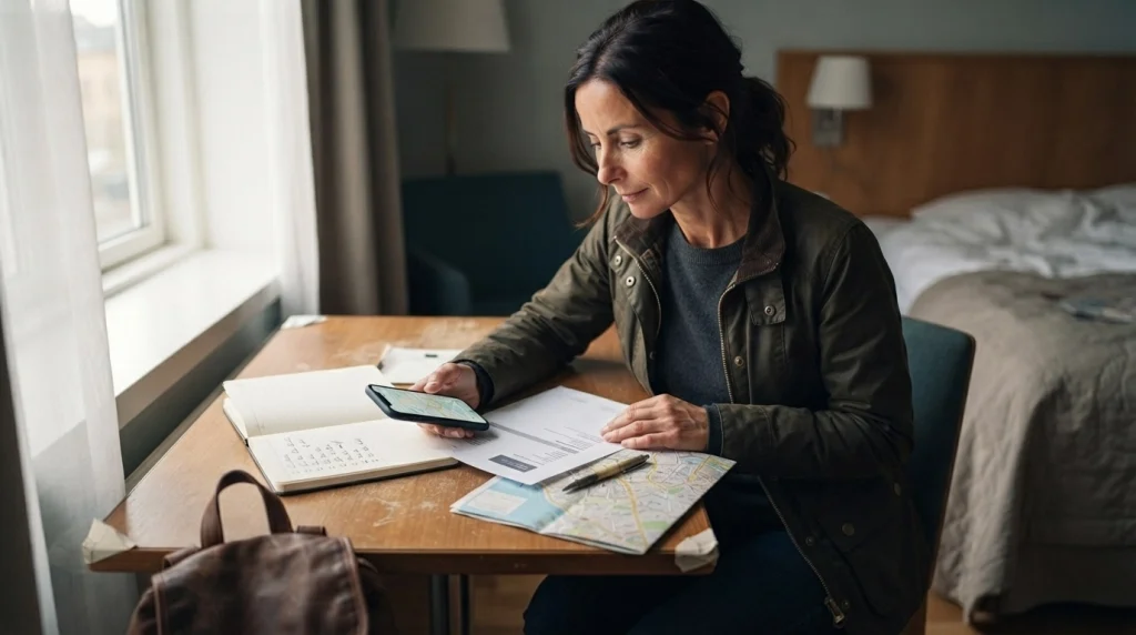 Solo female traveler reviewing hotel details, a city map, and booking documents before departure.