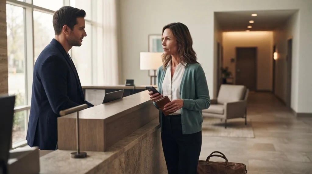 Woman traveler speaking with hotel reception after a hotel room privacy concern.