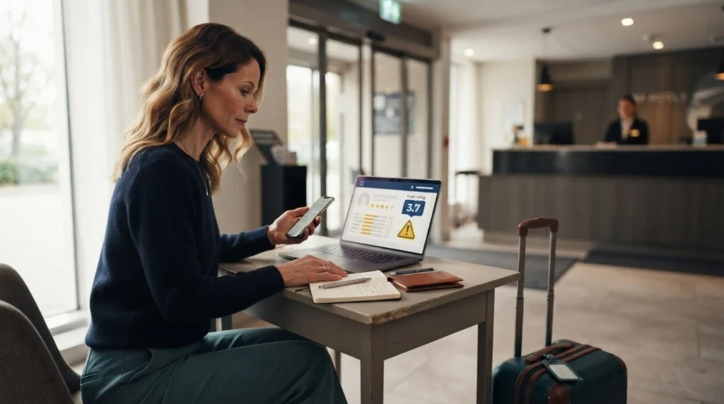 Solo female traveler reviewing potential hotel booking concerns on a laptop before contacting the property.
