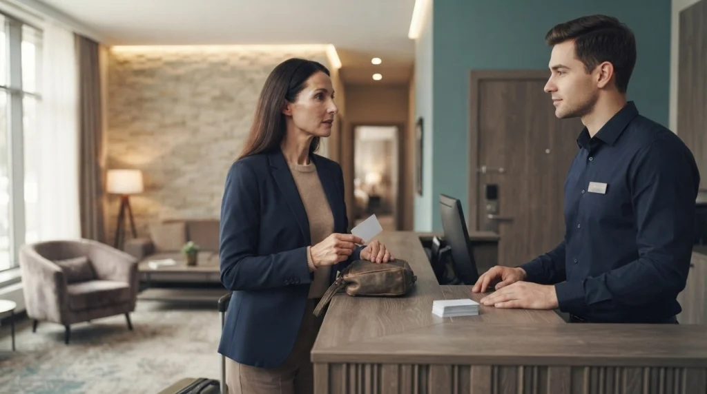 Solo female traveler asking hotel reception for help with an insecure room door.