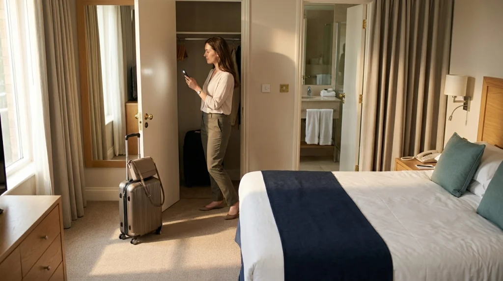 Woman inspecting a hotel room closet and bathroom before settling in alone.