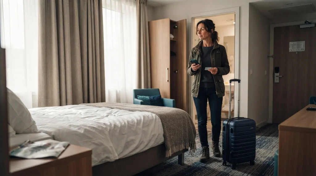 Solo female traveler checking the bathroom and wardrobe before unpacking in her hotel room.