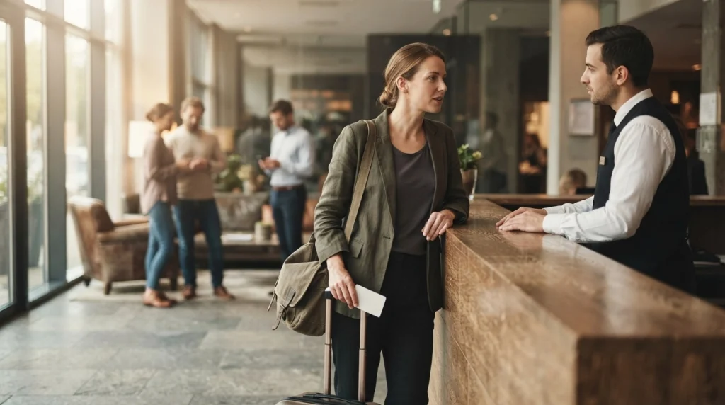 Solo female traveler speaks discreetly with hotel reception in a busy lobby.