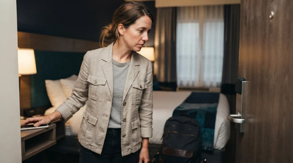 Solo female traveler checking a faulty hotel room deadbolt before unpacking.