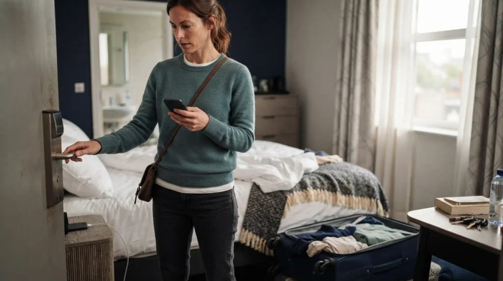 Solo female traveler checking a faulty hotel door lock before deciding whether to leave.