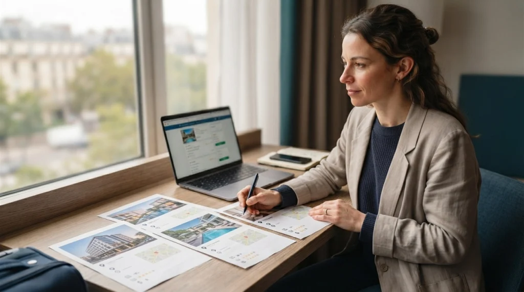 Woman comparing three hotel options with printed listings before traveling alone.