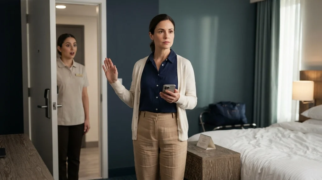 Solo female traveler holding her phone and asking a hotel employee to leave her room.