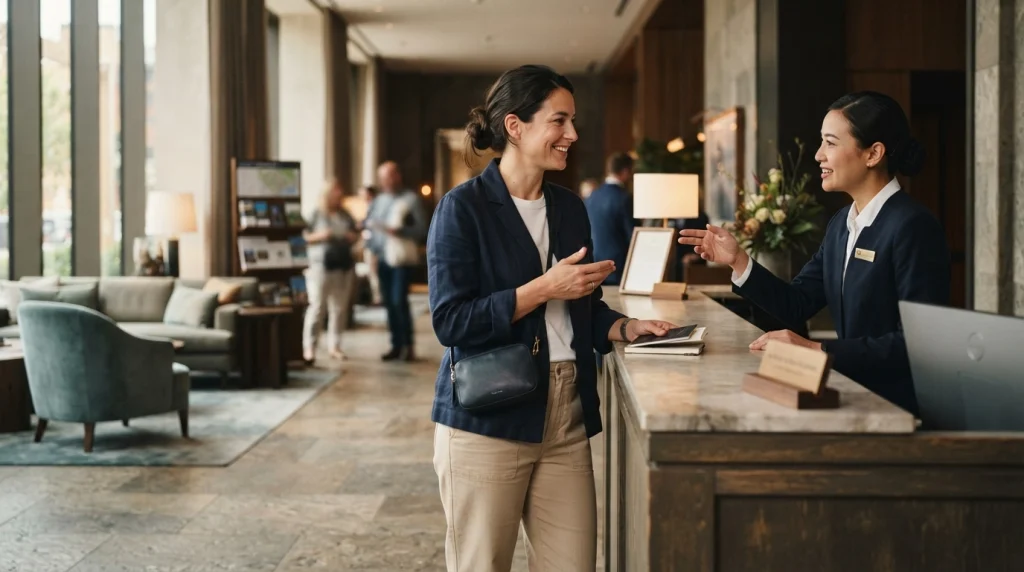 Woman traveling alone asks a hotel receptionist for local directions and practical assistance.