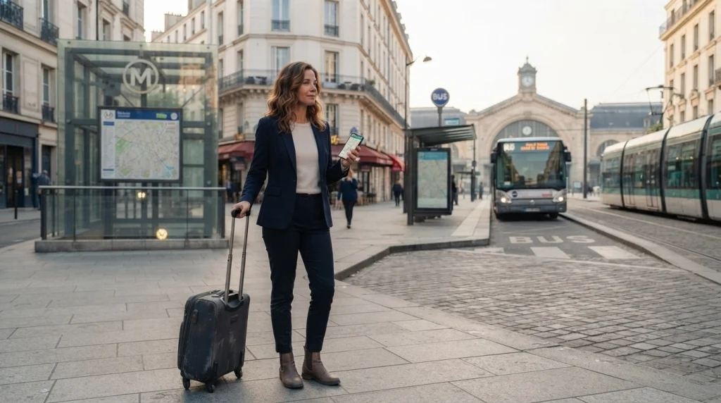 Solo woman traveler with luggage assessing a city street near a metro entrance and bus stop.