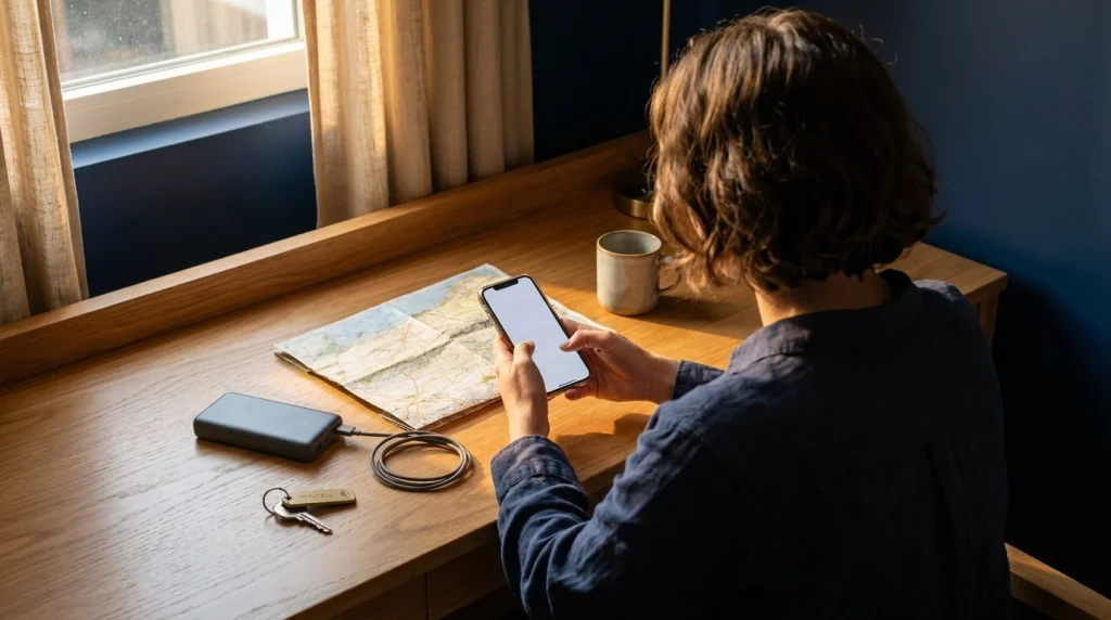 Woman seated at a hotel desk checking travel maps and phone before leaving.