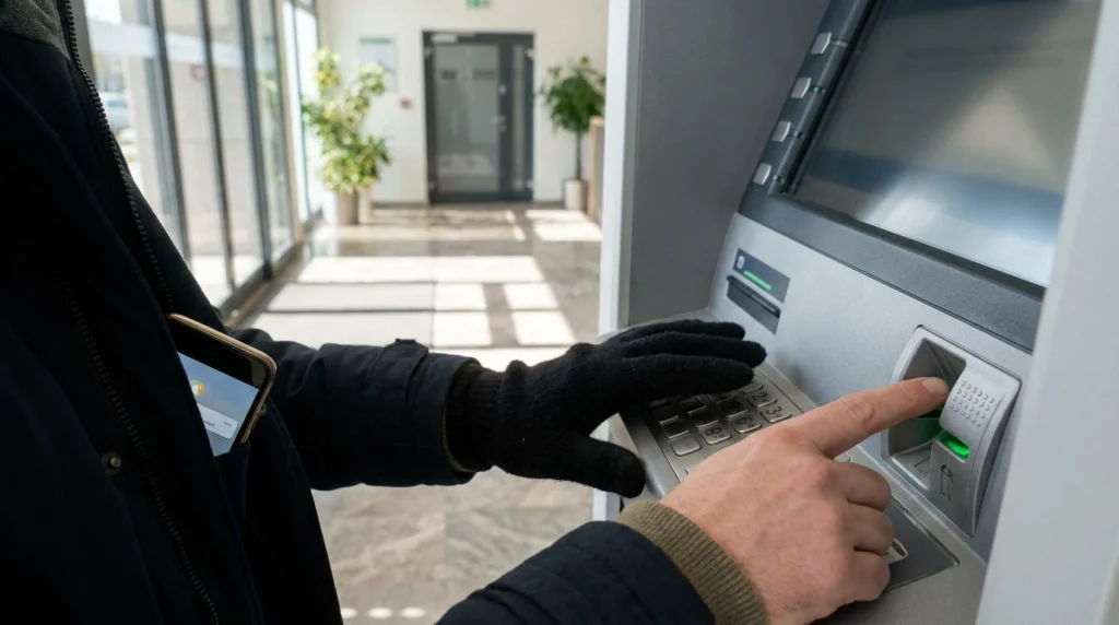 Traveler safely shielding the PIN pad while using an indoor bank ATM.