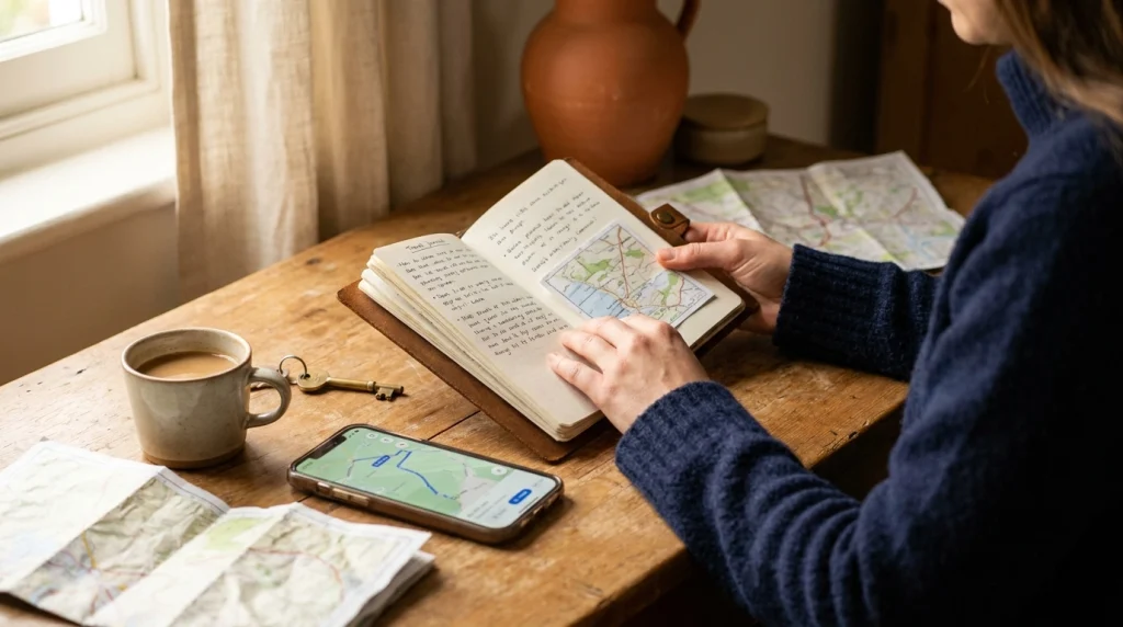 Solo female traveler reviewing itinerary notes and safety plans at a wooden desk.