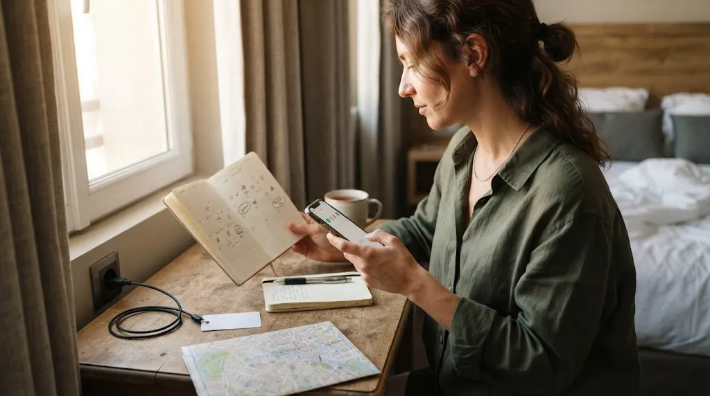 Solo woman checking restaurant reservation timing on a calendar during travel.