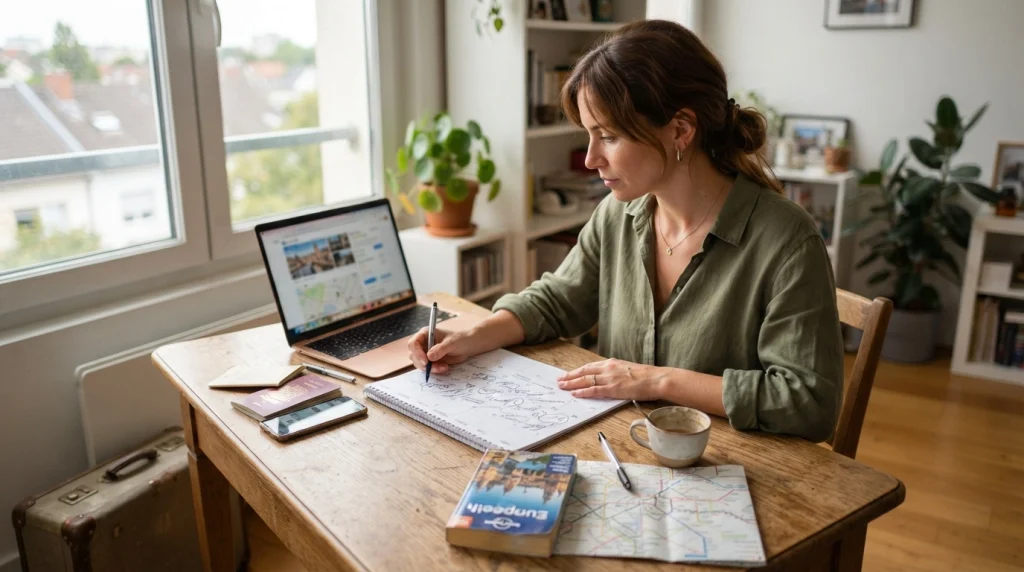 Solo woman comparing accommodation booking dates several weeks before an independent trip.