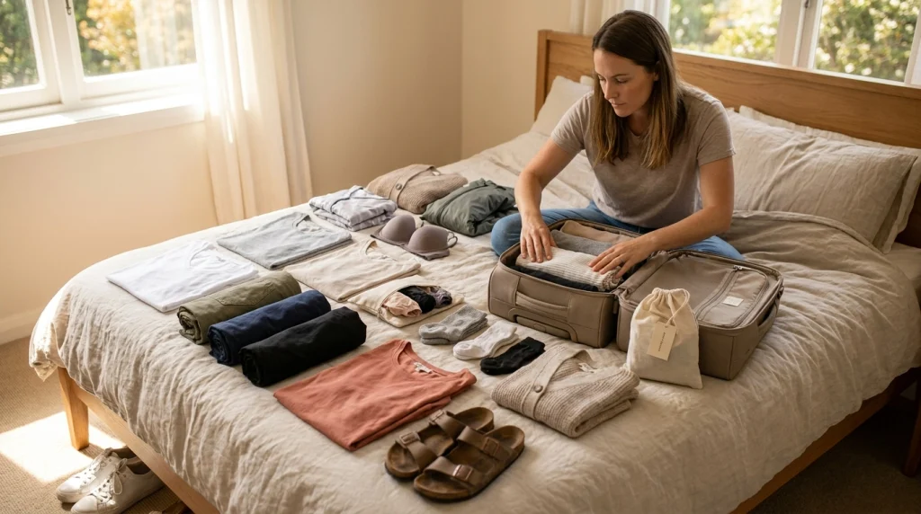 Seven-day capsule wardrobe arranged beside carry-on luggage for a long solo female trip
