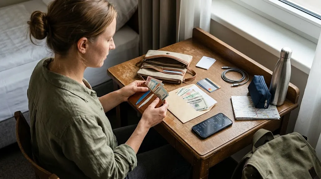 Solo woman splitting backup cash, card, and emergency funds at a hotel desk
