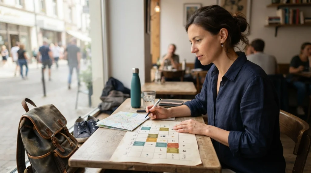 Solo woman balancing active and recovery days while planning a weeklong travel itinerary