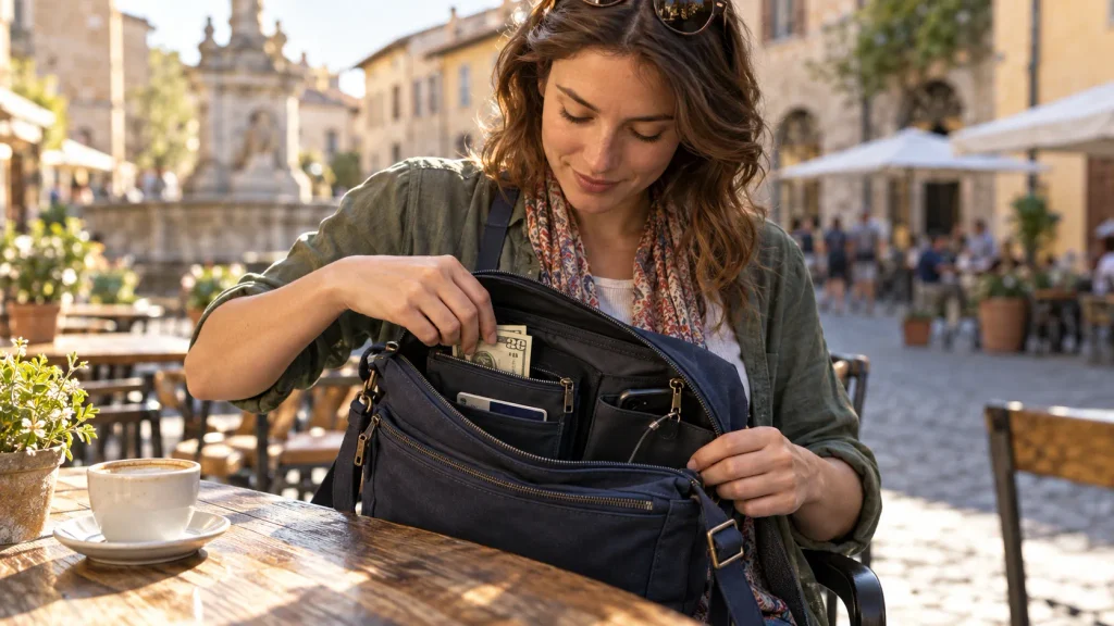 Close-up of hands organizing cash into an inner pocket of a secure travel crossbody bag.