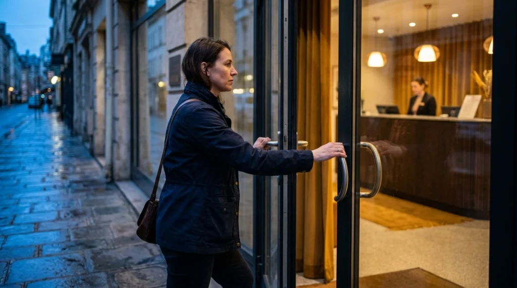 Woman traveler entering a well-lit hotel lobby from an evening street.