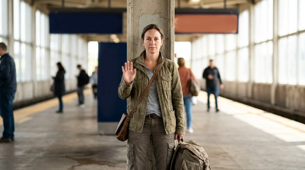 Solo female traveler making a polite hand boundary gesture in a train station setting.