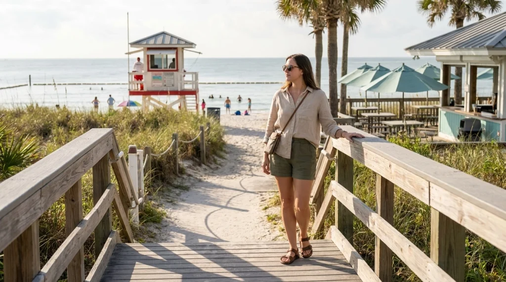 Solo female traveler checking a supervised beach with lifeguards, public facilities, and accessible walkways.