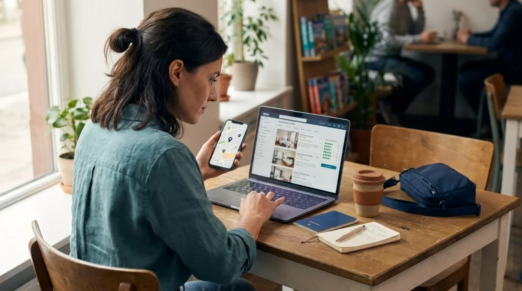 Woman comparing hostel reviews and neighborhood locations on her laptop before booking solo accommodation.