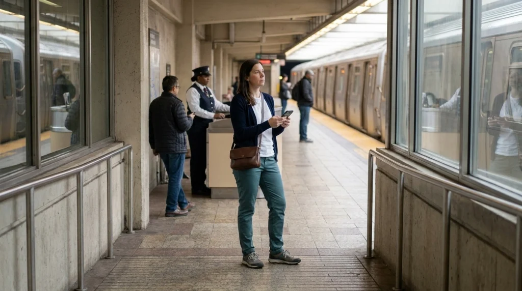 Solo female traveler checking her route and securing her belongings at an urban train station.