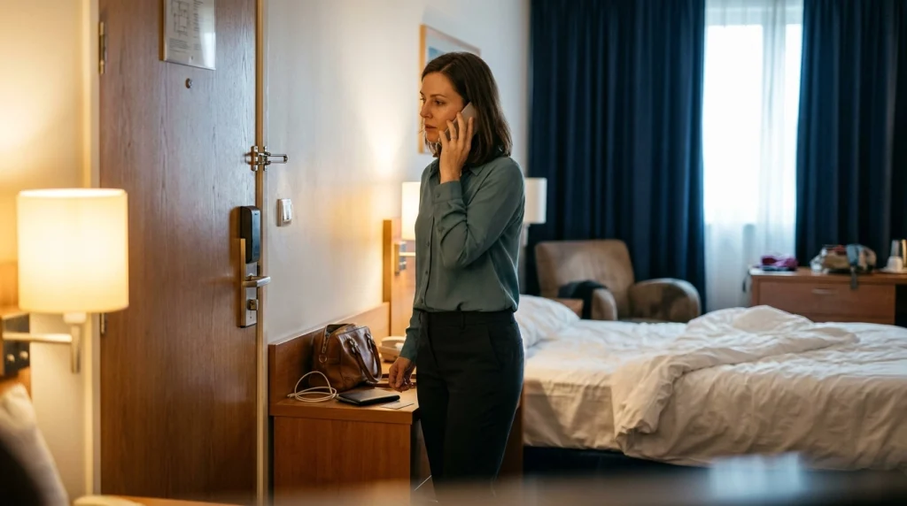 Solo female traveler calling hotel reception beside a locked door after feeling unsafe.