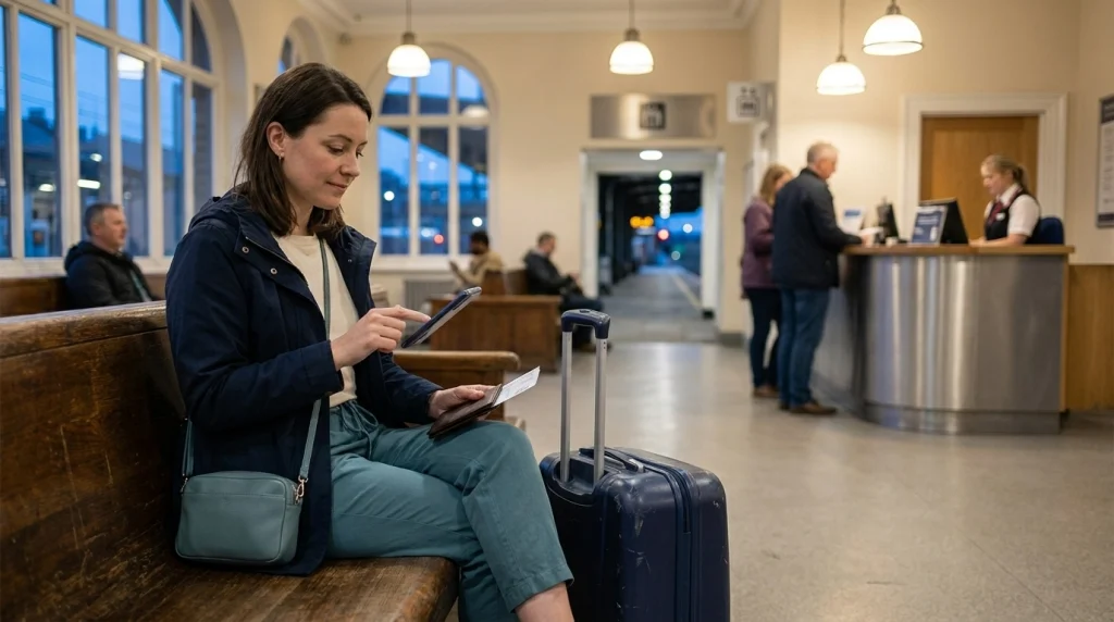 Solo female traveler waiting near a staffed railway information counter during an evening train transfer.