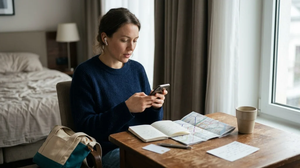 Solo female traveler practicing essential phrases, pronunciation, numbers, and travel words before sightseeing