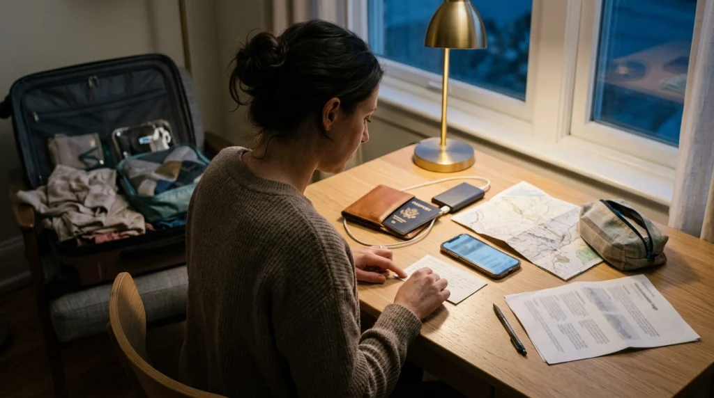 Woman saving and practicing local phrases before traveling alone.